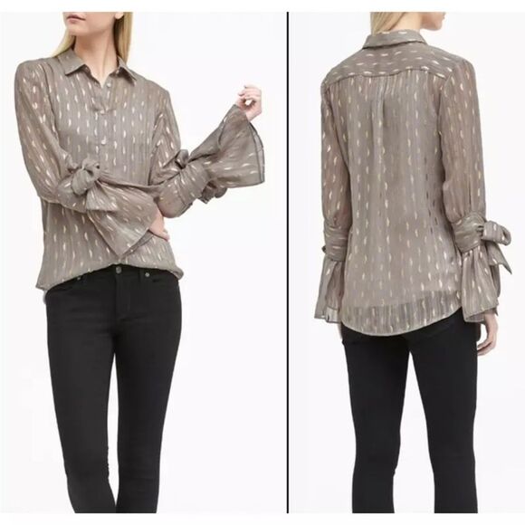 Banana Republic Women's Black Dillon Shirt Metallic Print Tie Cuffs Size Small - Picture 10 of 10